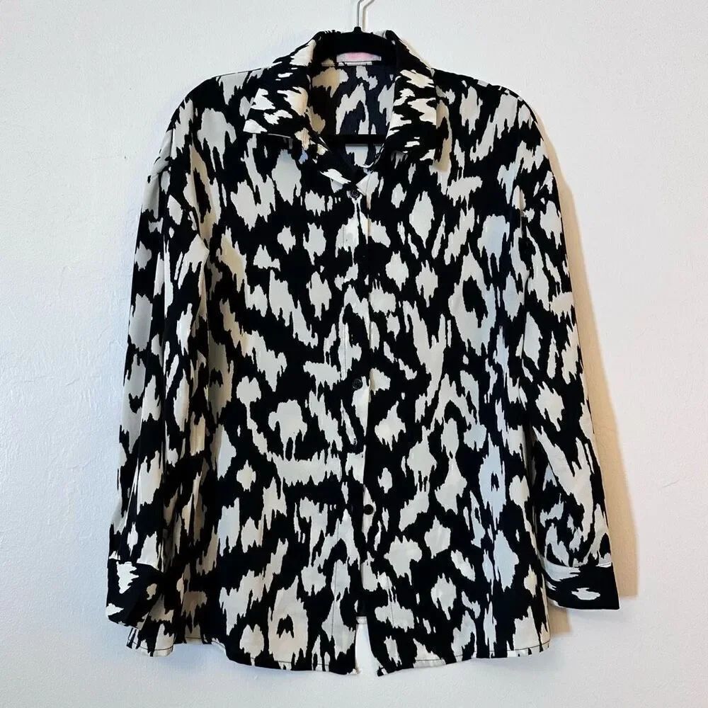 C+D+M Womens Button Down Long Sleeve Blouse Collared Relaxed Black White Medium